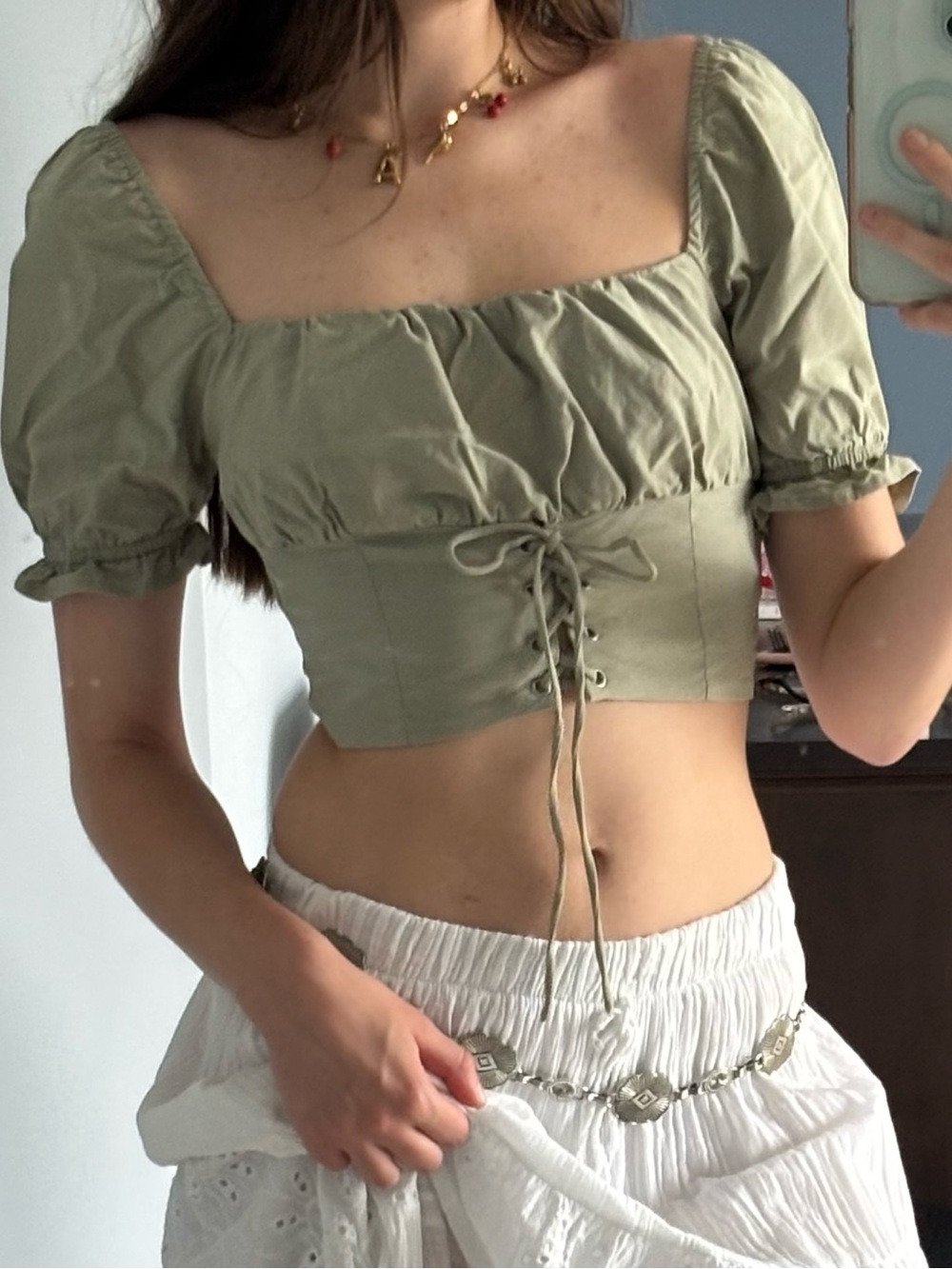 Blue Blush Sage Lace-Up Puff Sleeve Crop Top